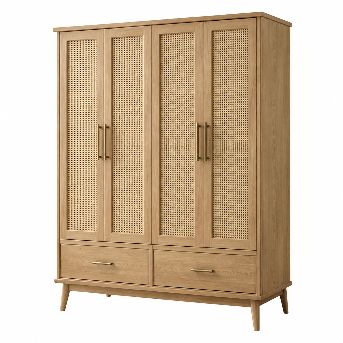 Armadio a quattro ante in legno e rattan