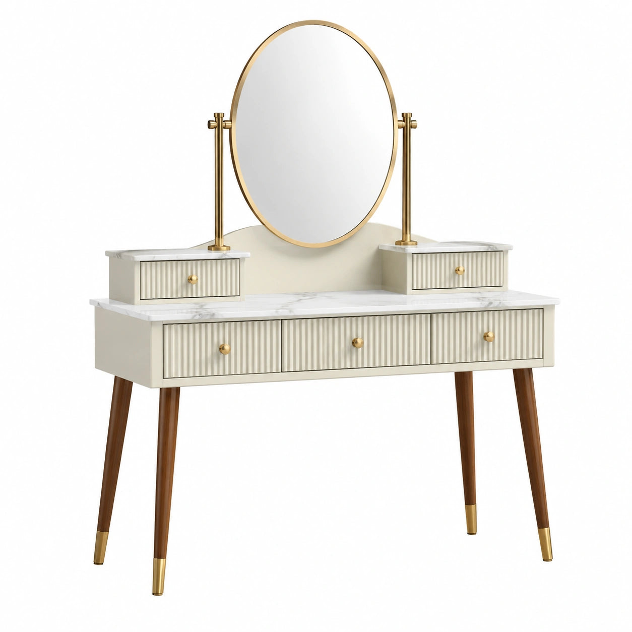 Toeletta con Specchio Rotondo in Legno e Marmo Sintetico Beige e Oro