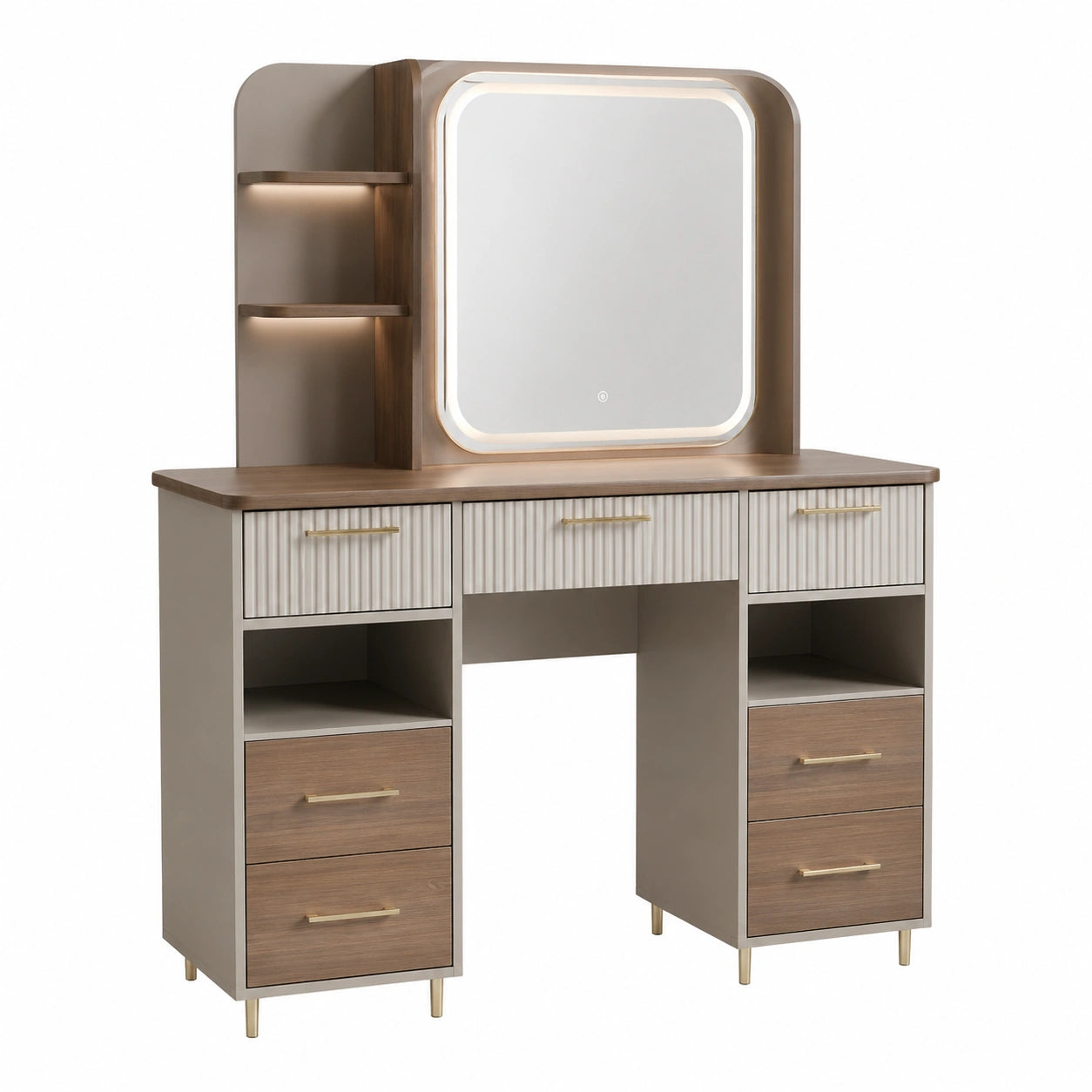 Tavolo da Toeletta in Legno con Specchio LED e Cassetti Marrone e Beige