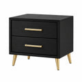 Comodino in legno nero con gambe in metallo dorato e 2 cassetti