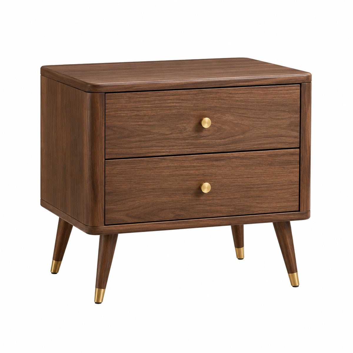 Comodino in legno con maniglie metalliche dorate e due cassetti