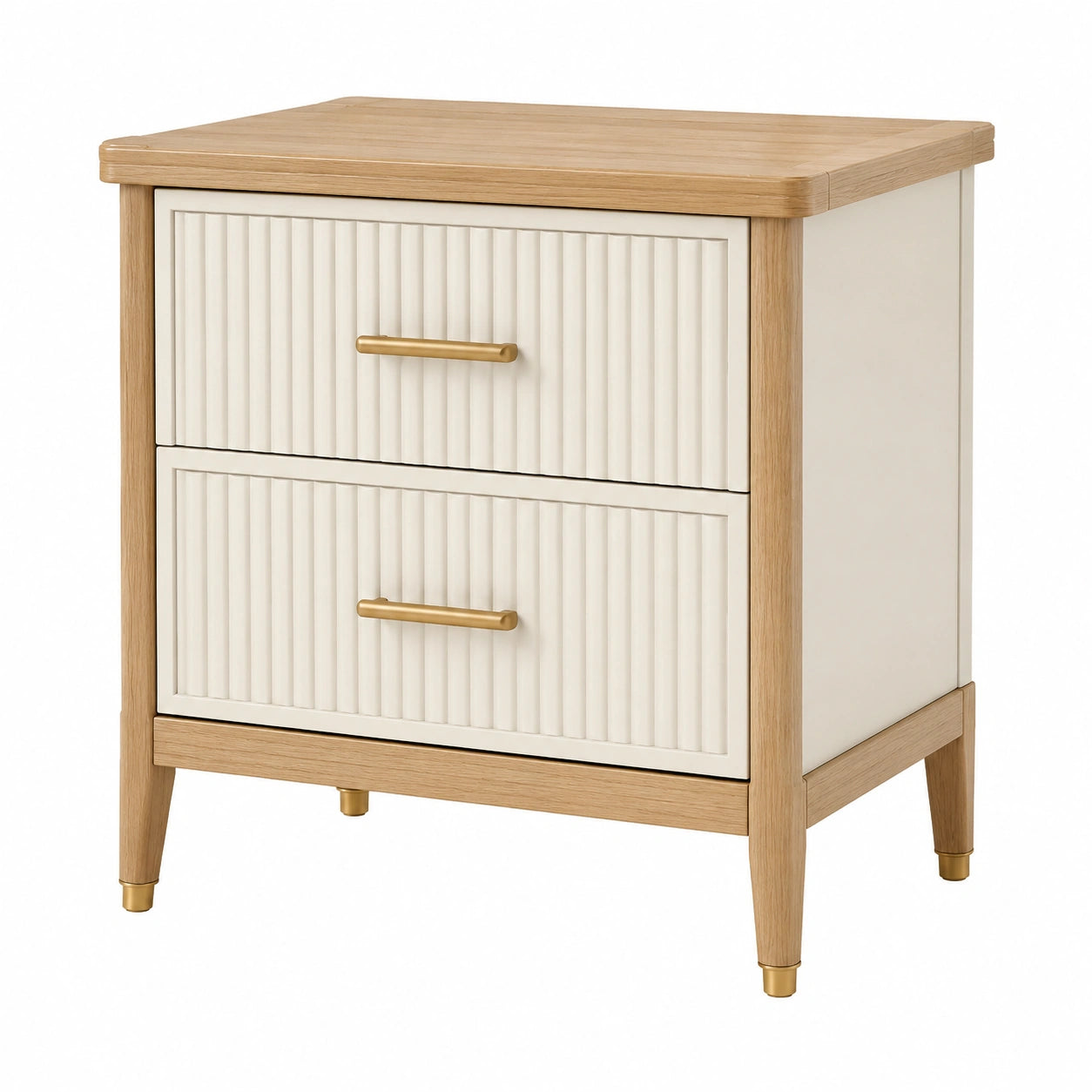 Comodino in legno con due cassetti crema e rovere chiaro
