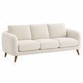 Divano a tre posti in tessuto poliestere beige con gambe in legno