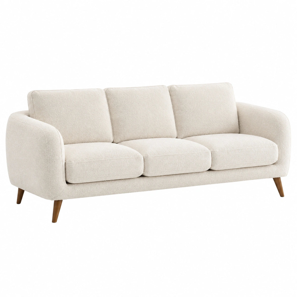 Divano a tre posti in tessuto poliestere beige con gambe in legno