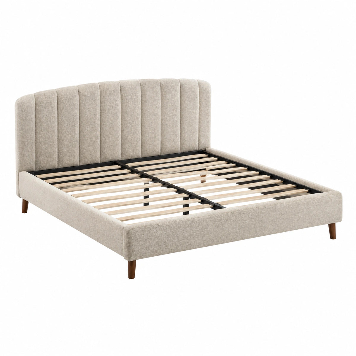 Letto matrimoniale con testiera imbottita in tessuto beige