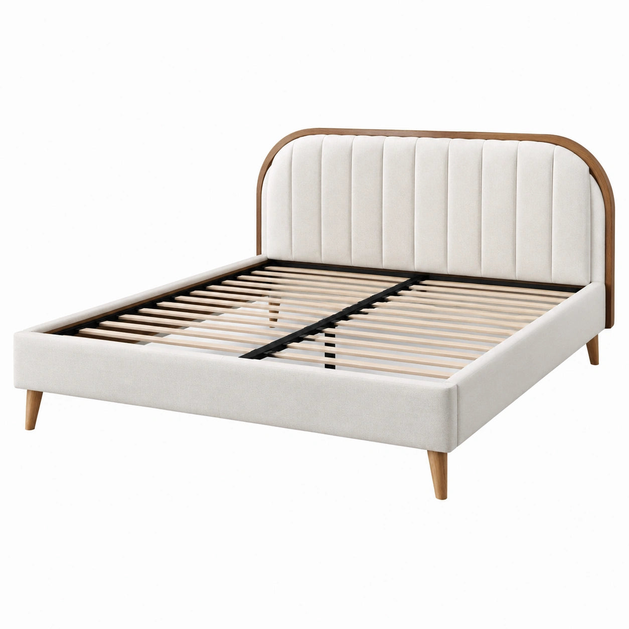 Letto matrimoniale in legno con testiera e rivestimento in tessuto beige 200x160 cm