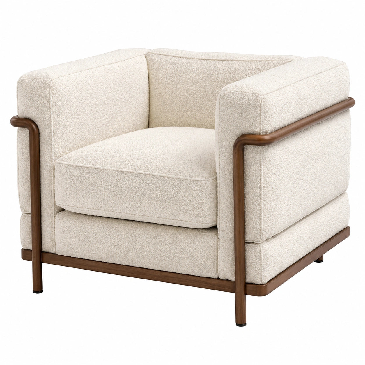 Poltrona in tessuto bouclé crema con struttura in legno