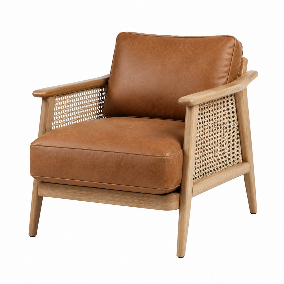 Poltrona in legno con seduta in pelle marrone e intreccio in rattan