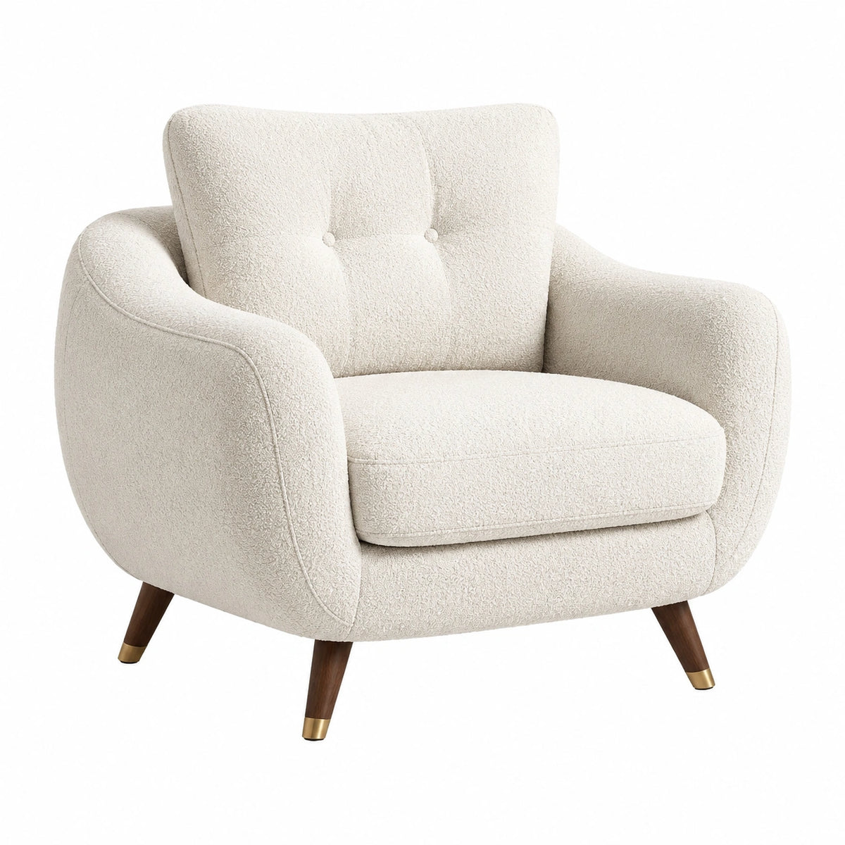 Poltrona in tessuto bouclé bianco con gambe in legno massello