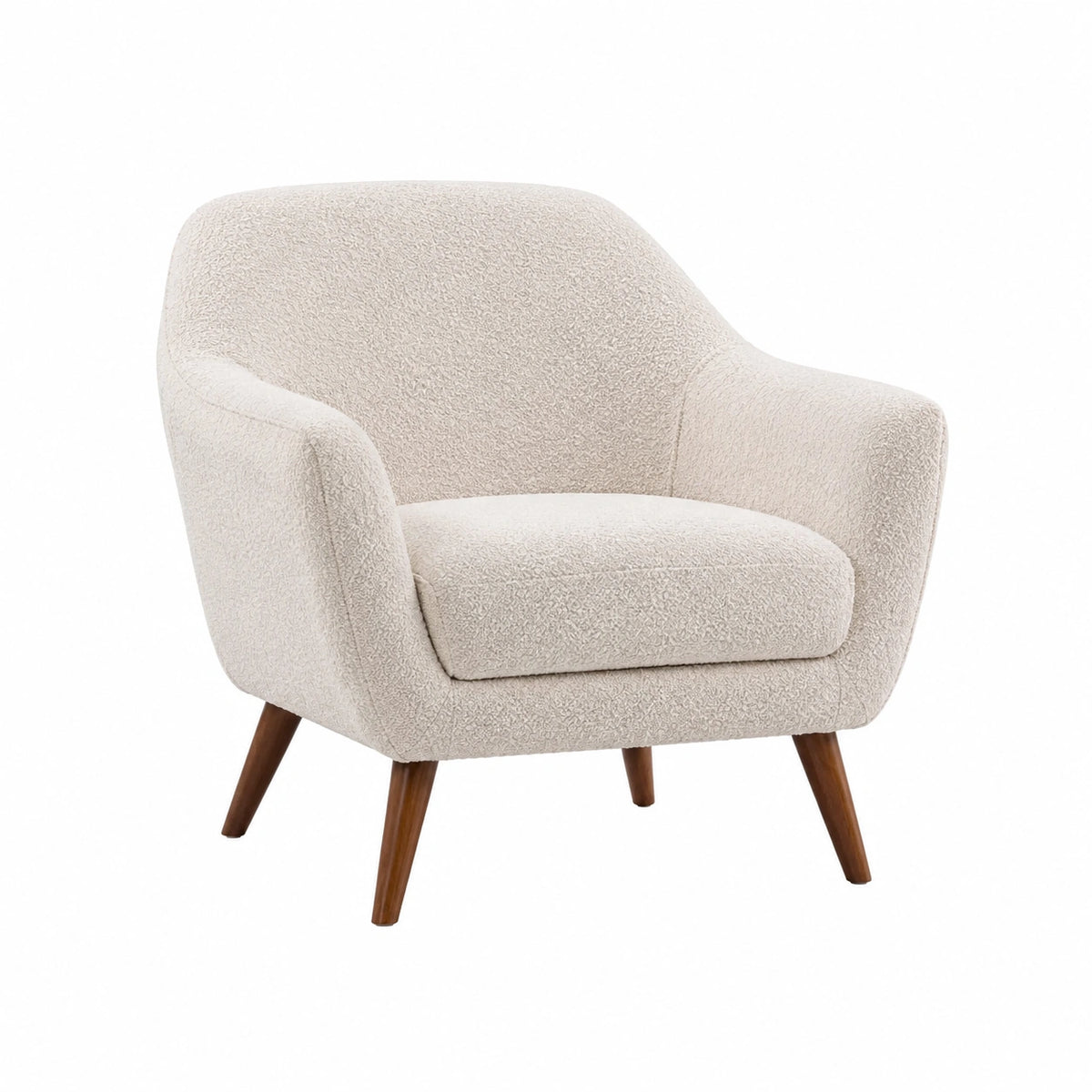 Poltrona in tessuto bouclé beige con gambe in legno