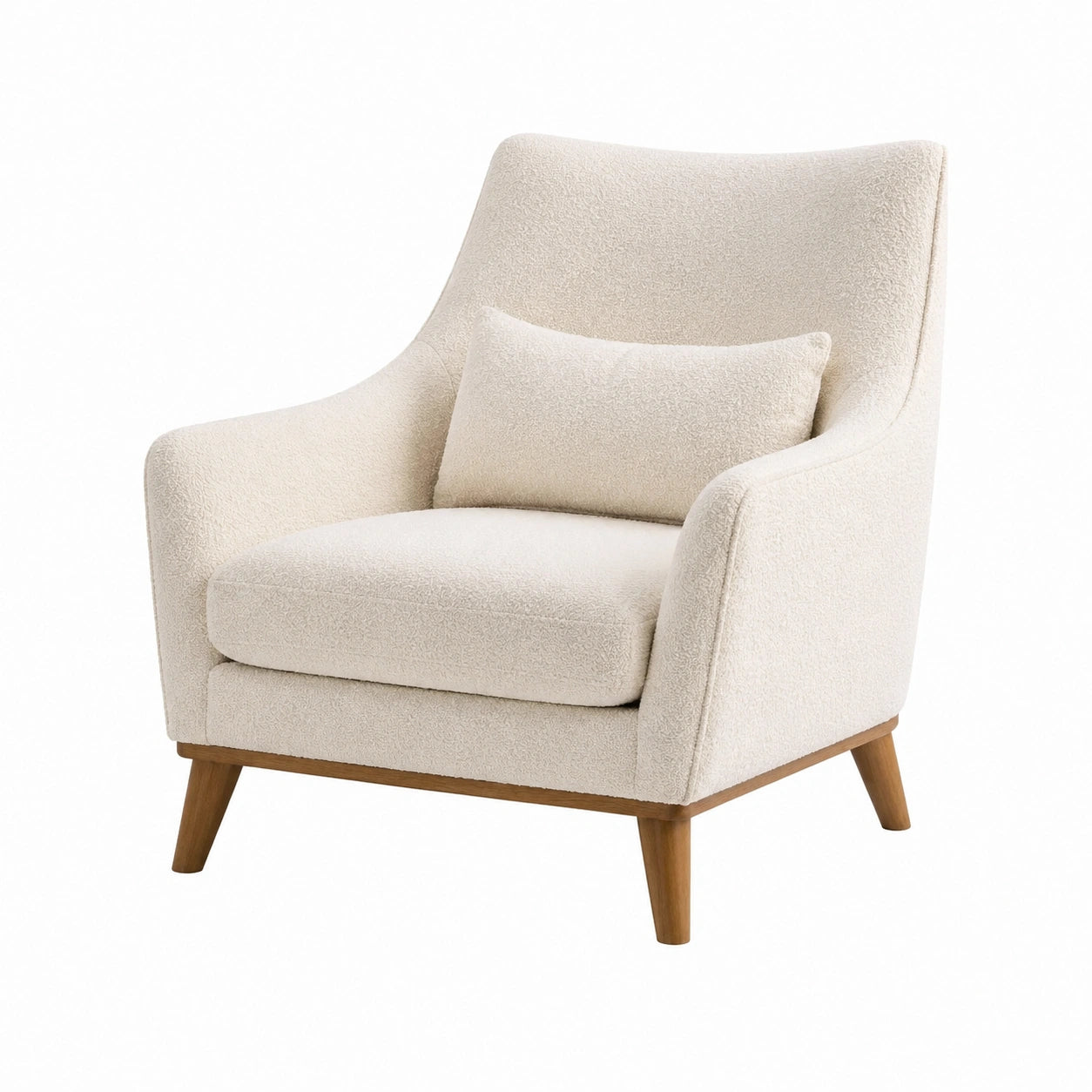 Poltrona in tessuto bouclé crema con struttura in legno