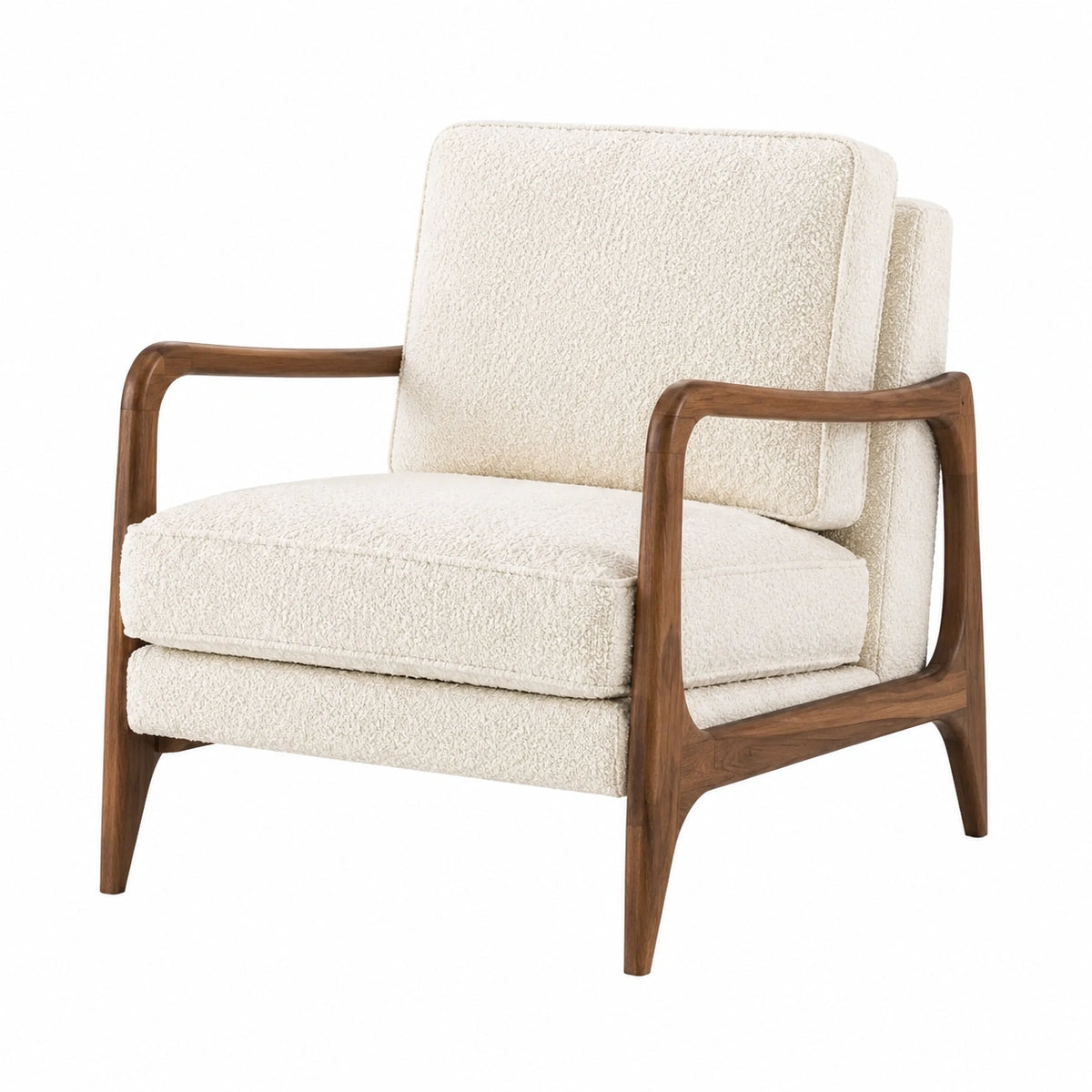 Poltrona in tessuto bouclé beige con struttura in legno di noce