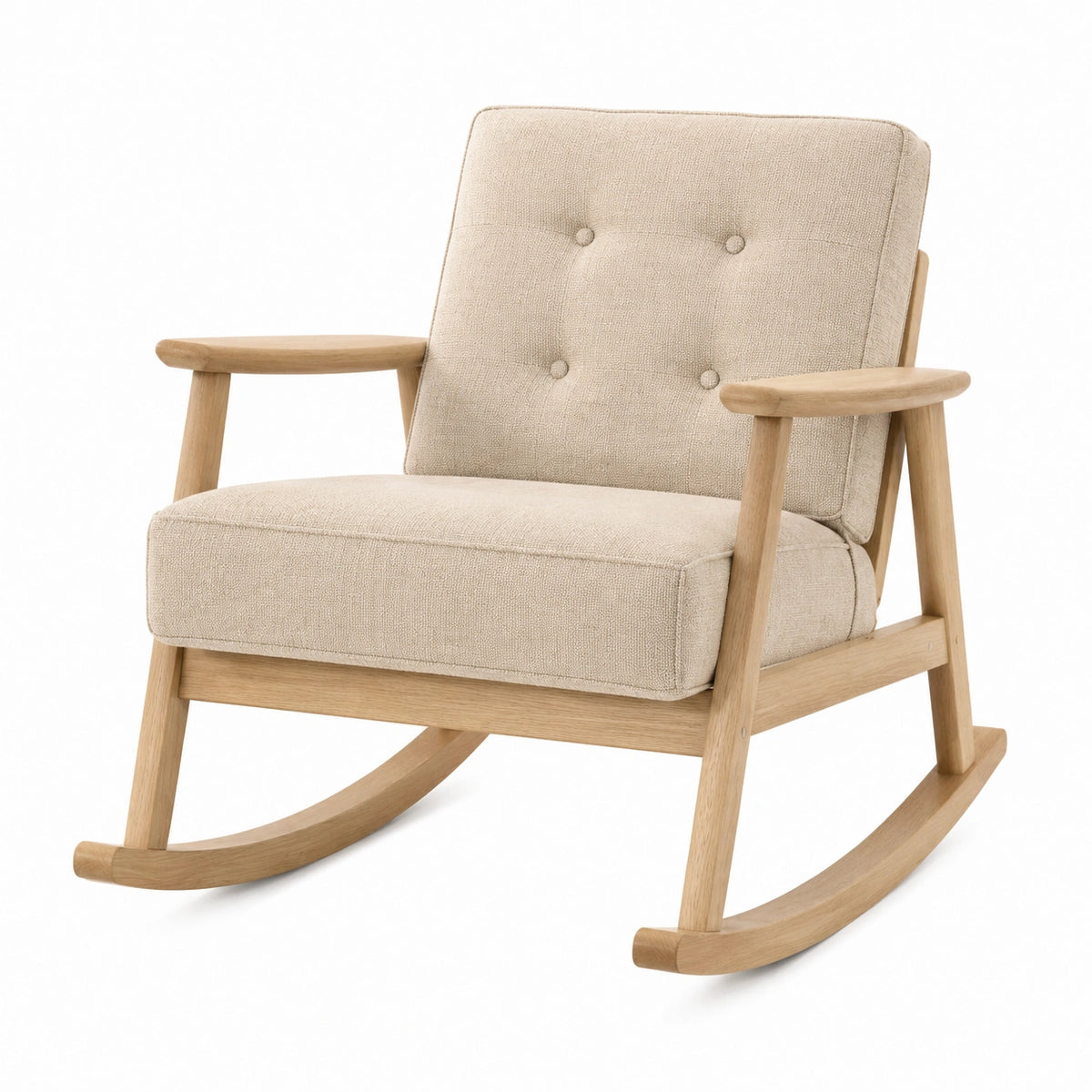 Sedia a dondolo in legno di quercia e tessuto beige 75x85x95 cm