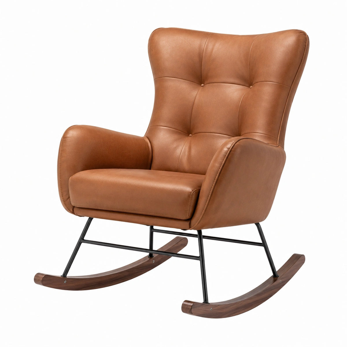 Sedia a dondolo in legno e metallo con rivestimento in pelle marrone
